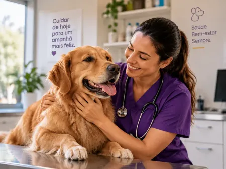 Veterinária cuidando de um cachorro com carinho
